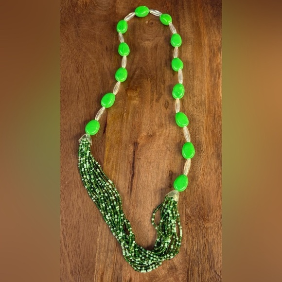 Unsigned Jewelry - Lime Green Statement Necklace Beads & Multi-Strand Seed Bead Waterfall Design